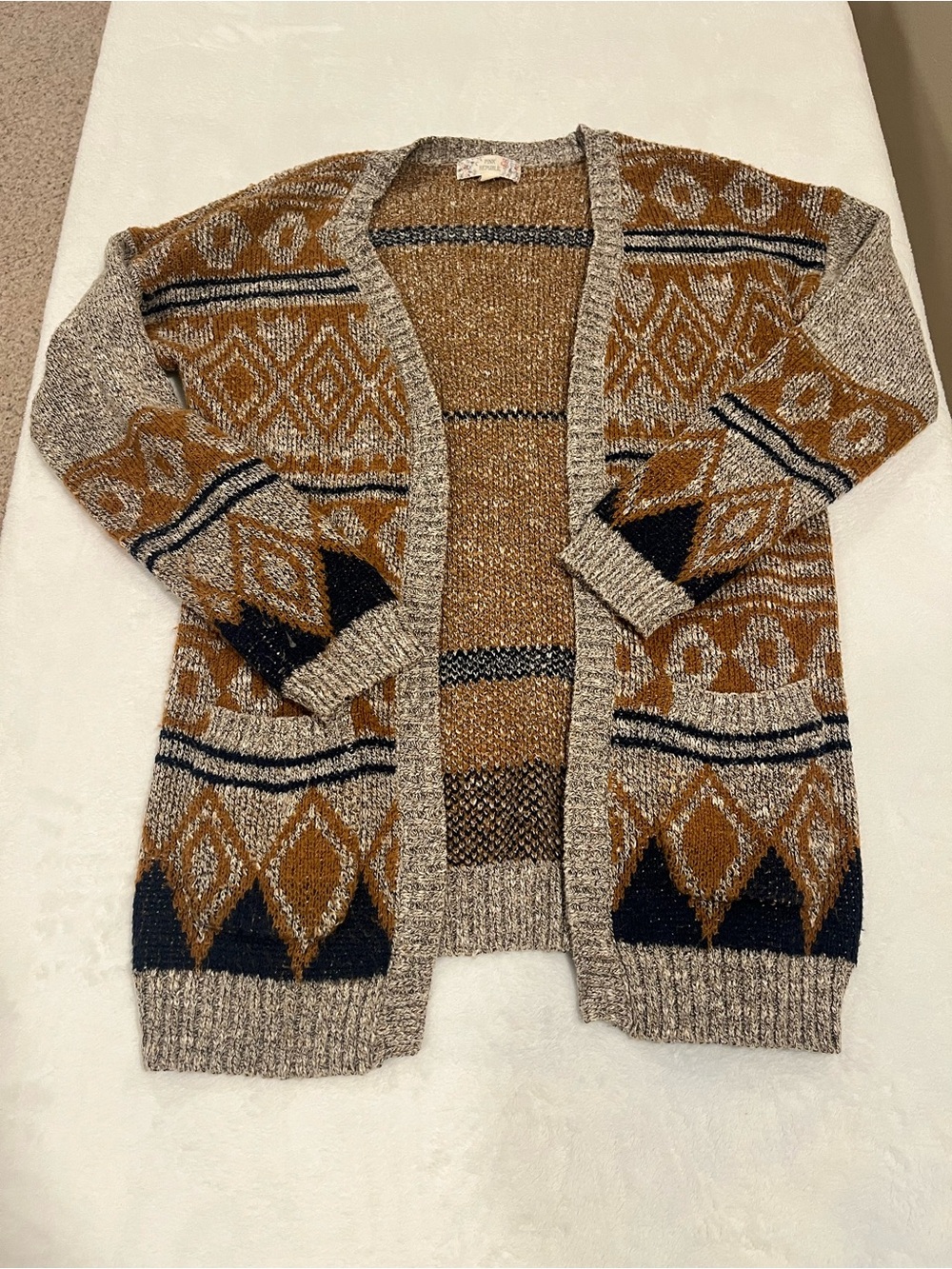 Pink Republic Aztec Geometric Longline Open Front Cardigan Sweater - Large
